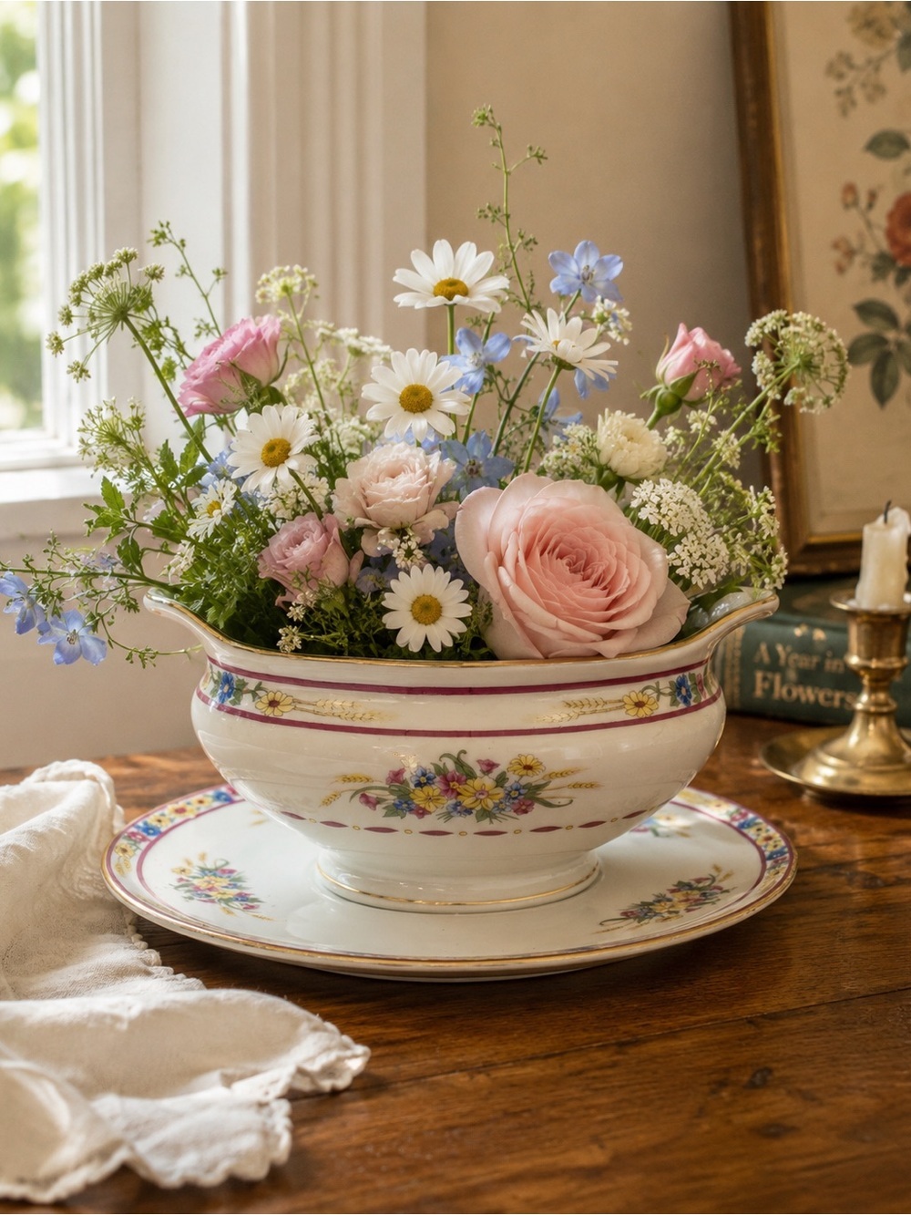 Vintage Floral Porcelain Serving Dish with Underplate